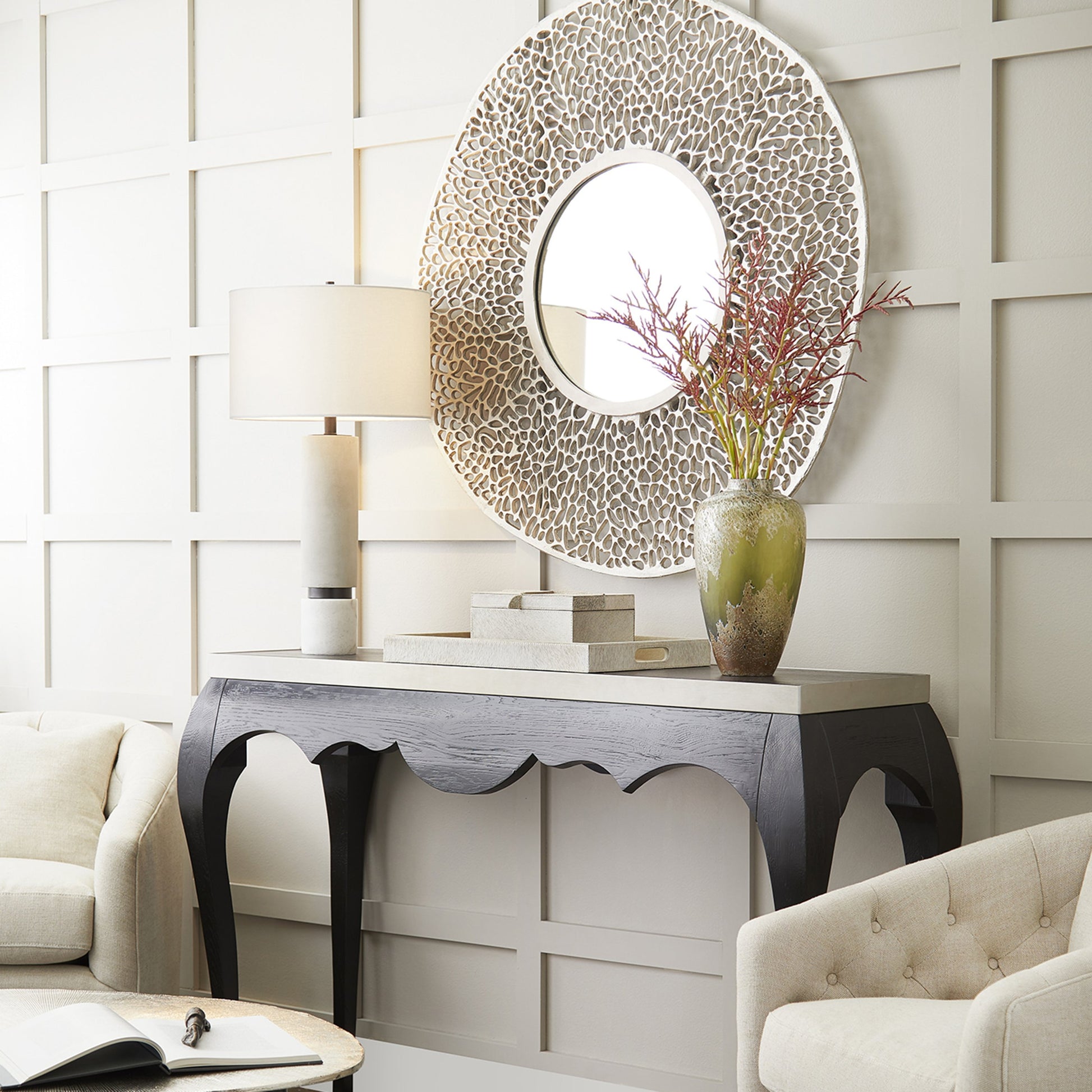Dores Mirror by Cyan Design in nickel. Made from aluminum, mirrored glass in a coastal style.