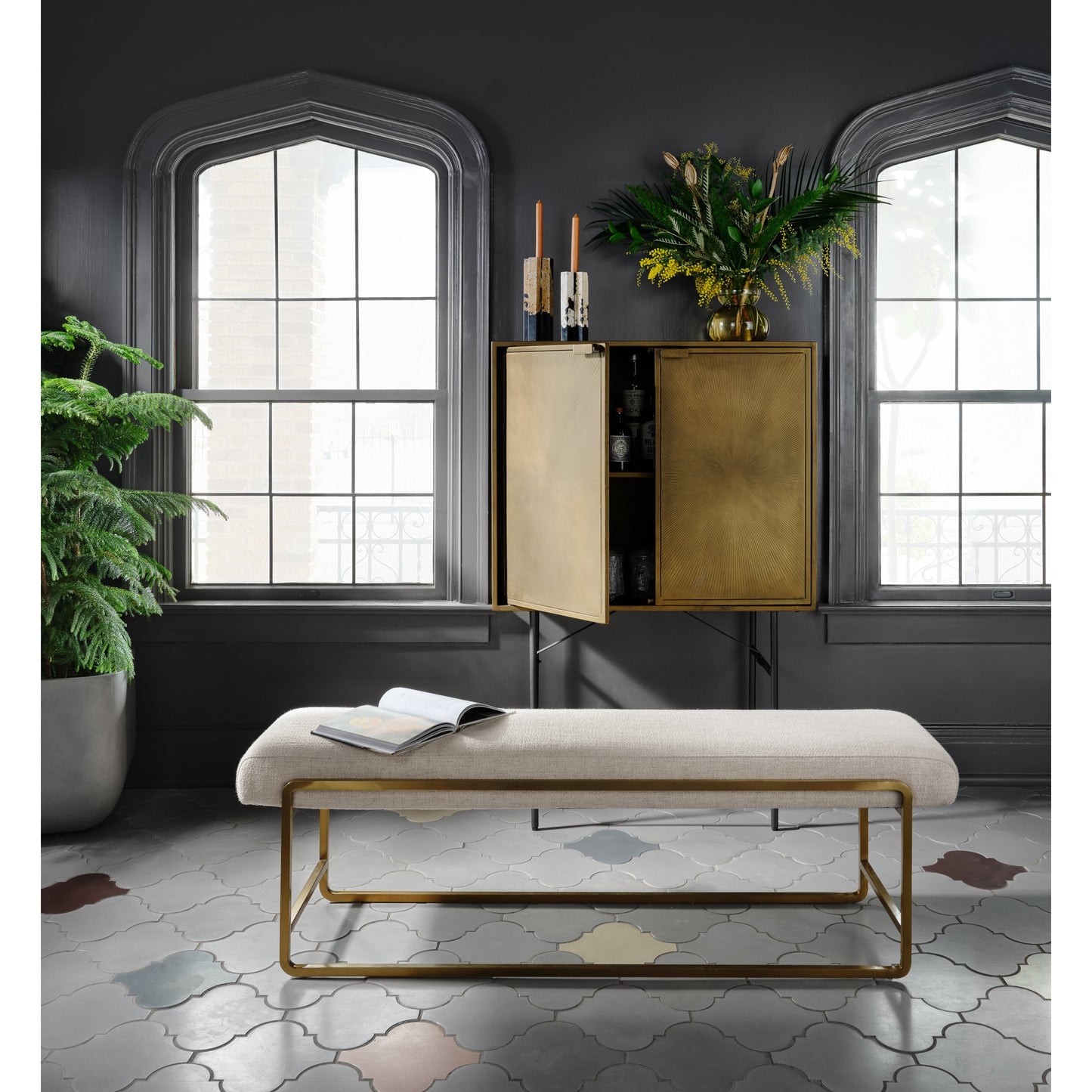 017 SR-810021 | Lifestyle | Sled Bench by Four Hands in thames cream. Made from 66% polyester, 19% acrylic, 15% flax, linen, stainless steel, poplar plywood in a modern style.