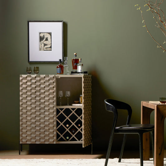 Raffael Bar Cabinet by Four Hands in carved stonewash grey. Made from solid mango, iron in a eclectic & global style.