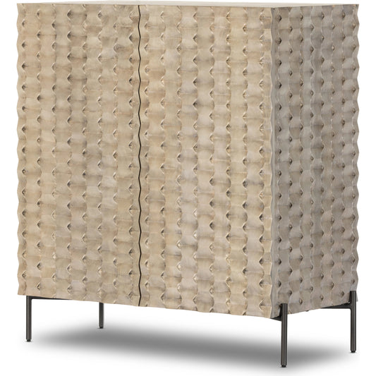 Raffael Bar Cabinet by Four Hands in carved stonewash grey. Made from solid mango, iron in a eclectic & global style.