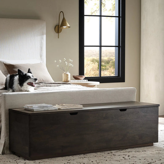 Duncan Trunk by Four Hands in aged brown. Made from solid mango in a rustic style.