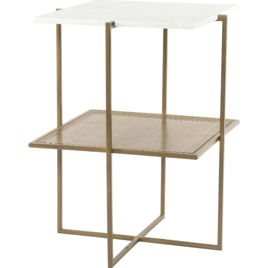 Olivia Nightstand by Four Hands in antique brass, polished white marble. Made from iron, solid marble in a modern style.