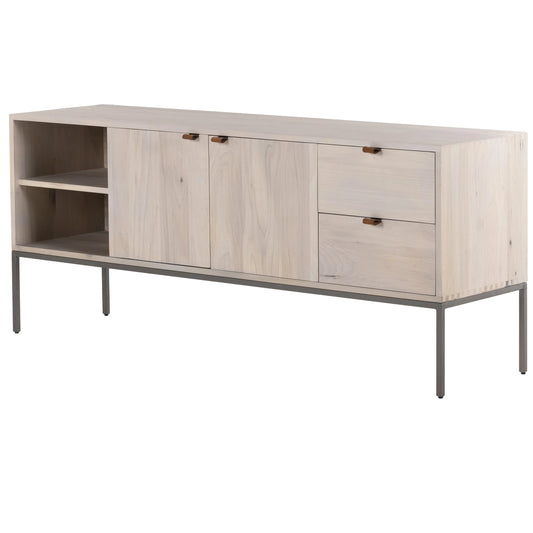 Trey Media Console by Four Hands. Made from solid poplar, top grain leather, iron in a modern style.