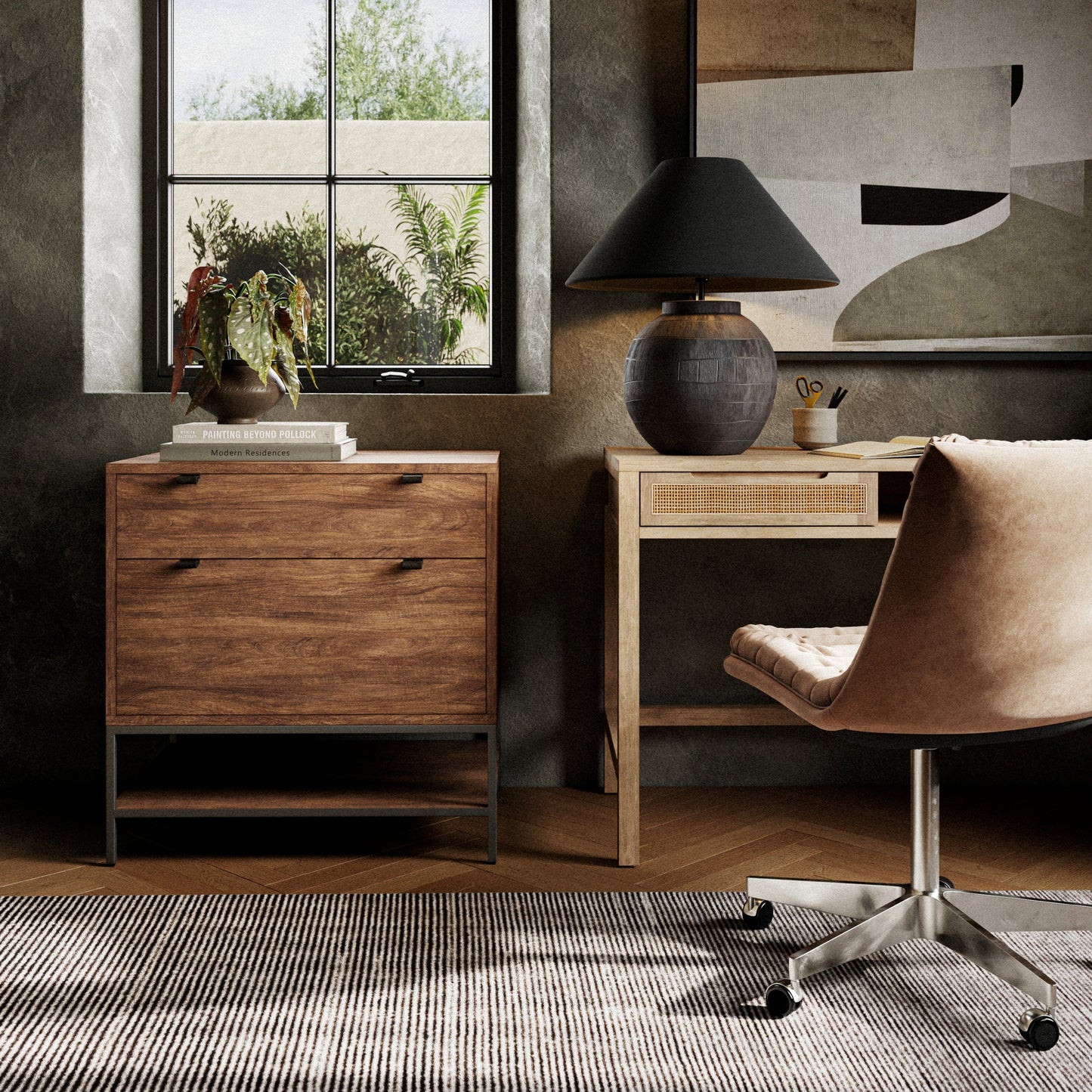 042 SI-1980762 | Lifestyle | Trey Modular Filing Cabinet by Four Hands. Made from solid poplar, top grain leather, iron in a modern style.