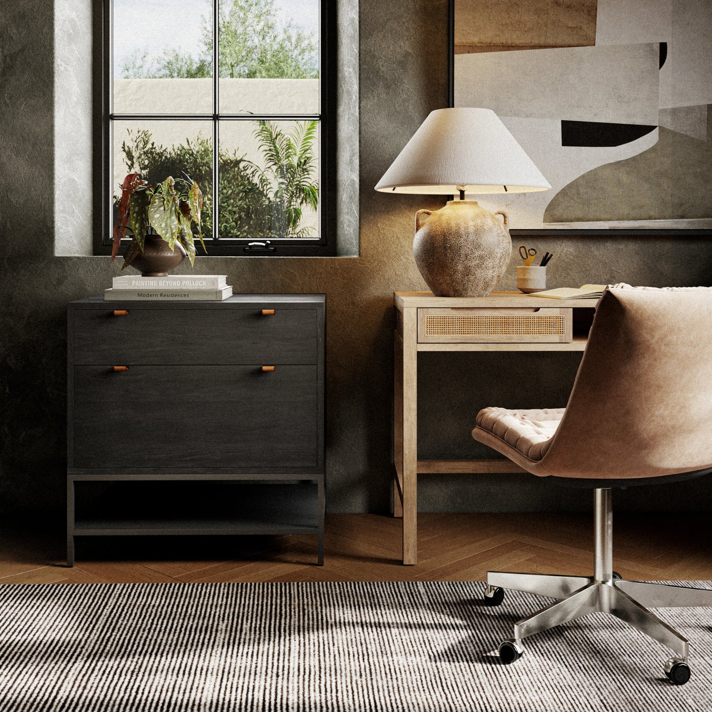 043 SI-1901040 | Lifestyle | Trey Modular Filing Cabinet by Four Hands. Made from solid poplar, top grain leather, iron in a modern style.