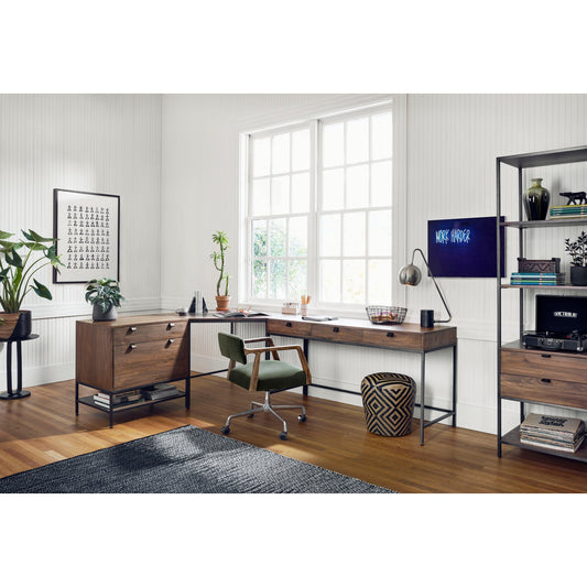 Trey Desk System with Filing Cabinet by Four Hands. Made from solid poplar, top grain leather, iron in a modern style.