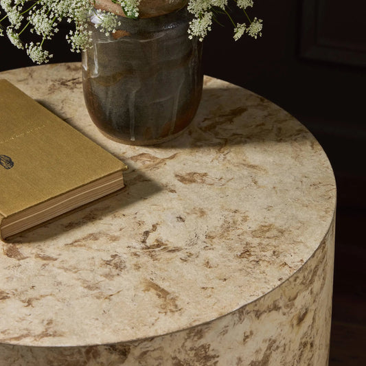 Hudson Round End Table by Four Hands in bark paper, black pine. Made from paper fiber, solid pine in a unique style.