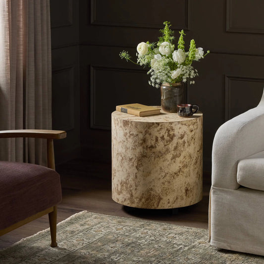 Hudson Round End Table by Four Hands in bark paper, black pine. Made from paper fiber, solid pine in a unique style.