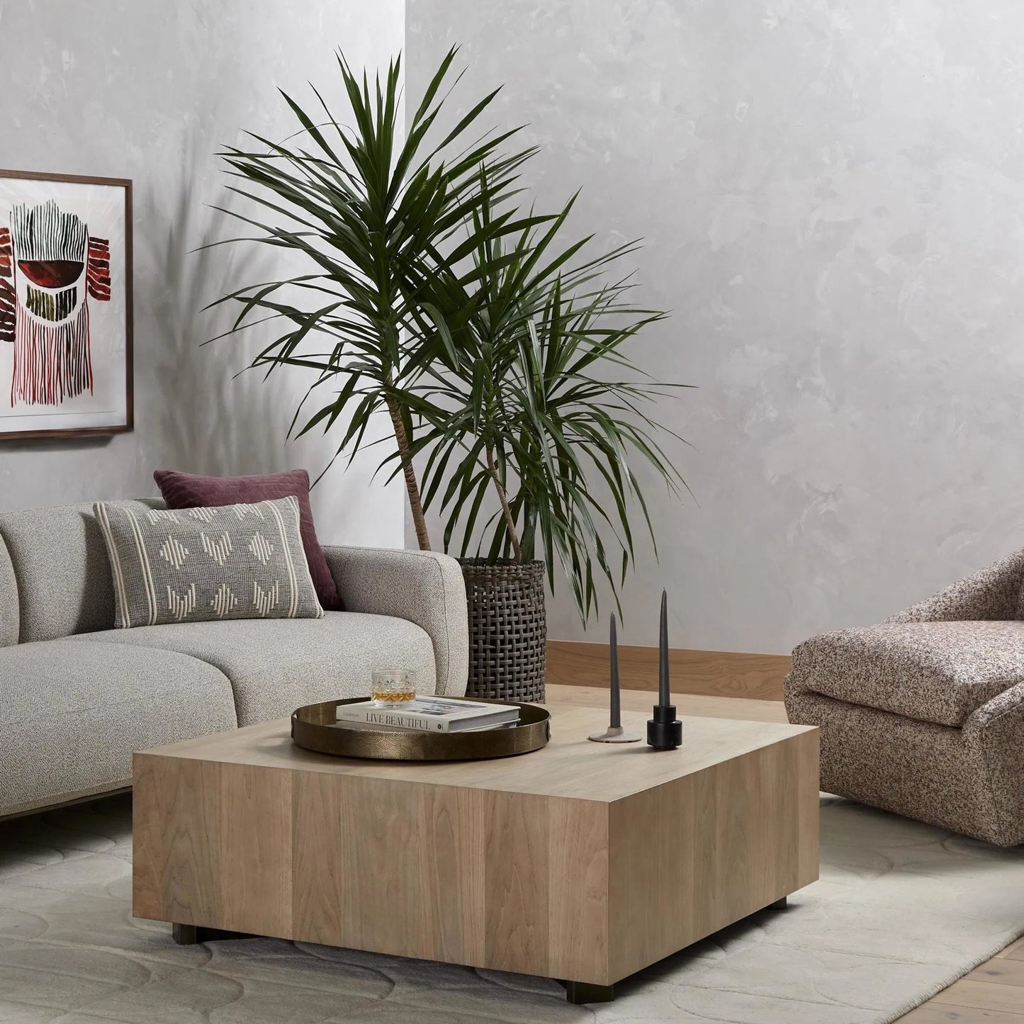 028 SI-1715634 | Lifestyle | Hudson Square Coffee Table by Four Hands in ashen walnut. Made from thick walnut veneer, solid pine, engineered hardwood in a modern style.