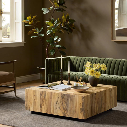 Hudson Square Coffee Table by Four Hands in spalted primavera, black pine. Made from thick primavera veneer, solid pine in a unique style.