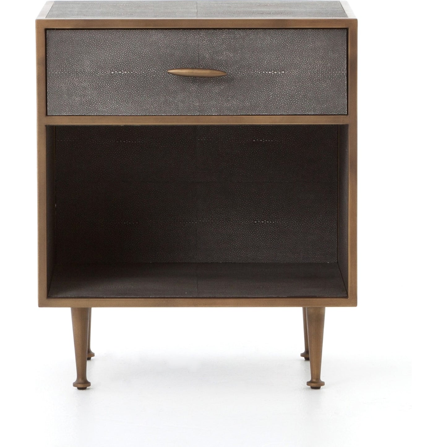 009 S-258370 | Additional Silo | Shagreen Bedside Table by Four Hands in gray and antique brass, gray shagreen. Made from faux shagreen, iron in a modern style.