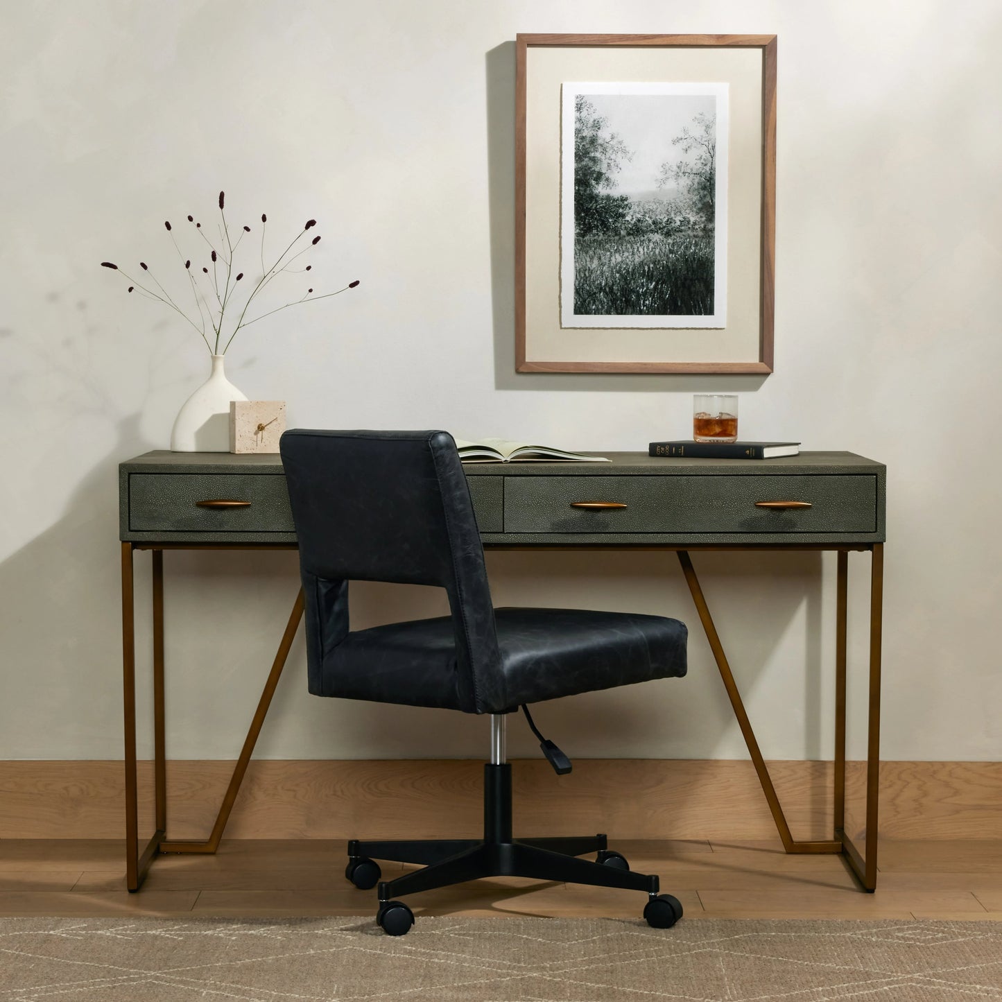 014 SI-1798427 | Lifestyle | Shagreen Desk by Four Hands in grey shagreen, antique brass and antique brass. Made from faux shagreen, iron in a modern style.