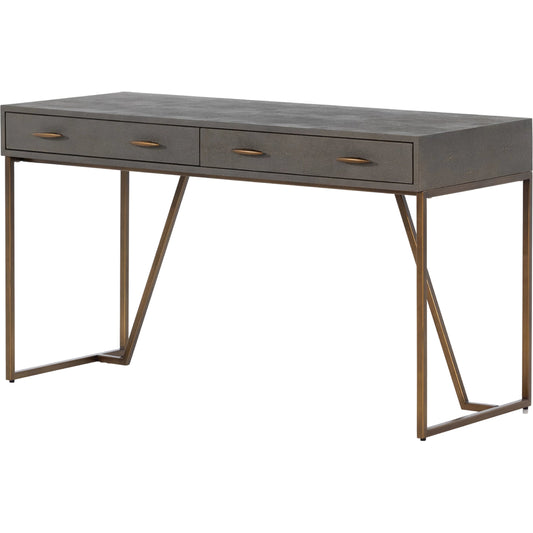 001 SI-1798427 | Primary Silo | Shagreen Desk by Four Hands in grey shagreen, antique brass and antique brass. Made from faux shagreen, iron in a modern style.