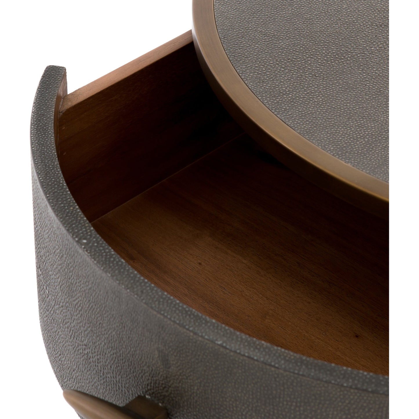 002 SI-1798593 | Additional Silo | Shagreen Round Nightstand by Four Hands in grey shagreen, antique brass and grey. Made from faux shagreen, iron in a modern style.
