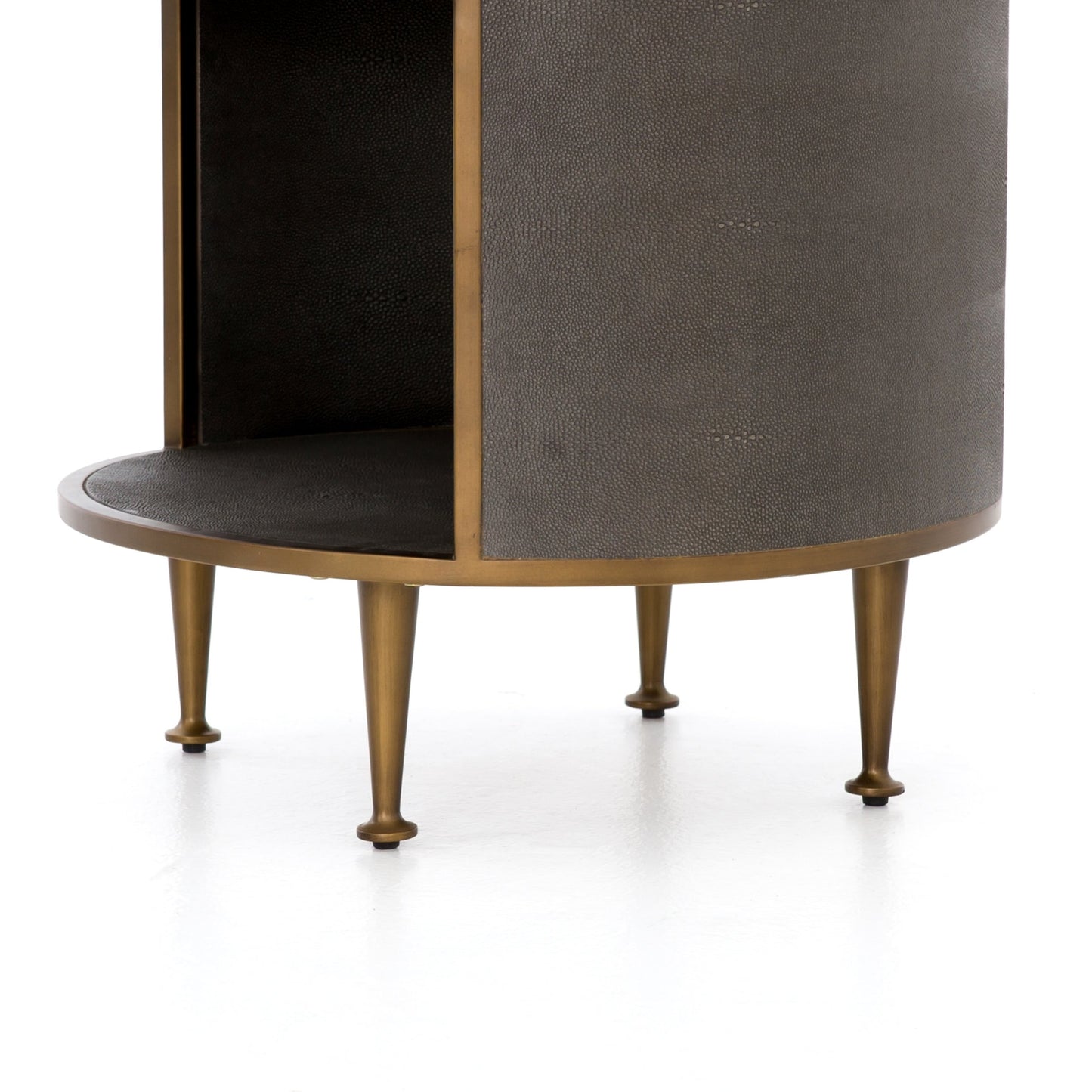 004 SI-1798593 | Additional Silo | Shagreen Round Nightstand by Four Hands in grey shagreen, antique brass and grey. Made from faux shagreen, iron in a modern style.