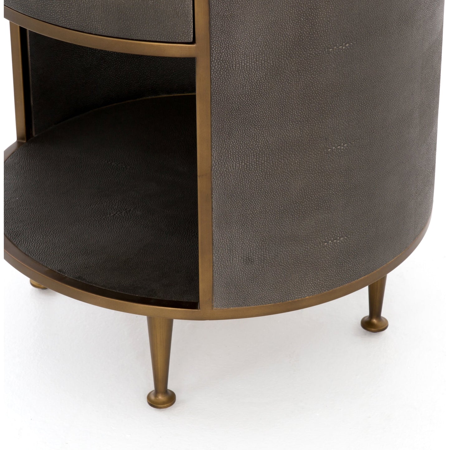 005 SI-1798593 | Additional Silo | Shagreen Round Nightstand by Four Hands in grey shagreen, antique brass and grey. Made from faux shagreen, iron in a modern style.