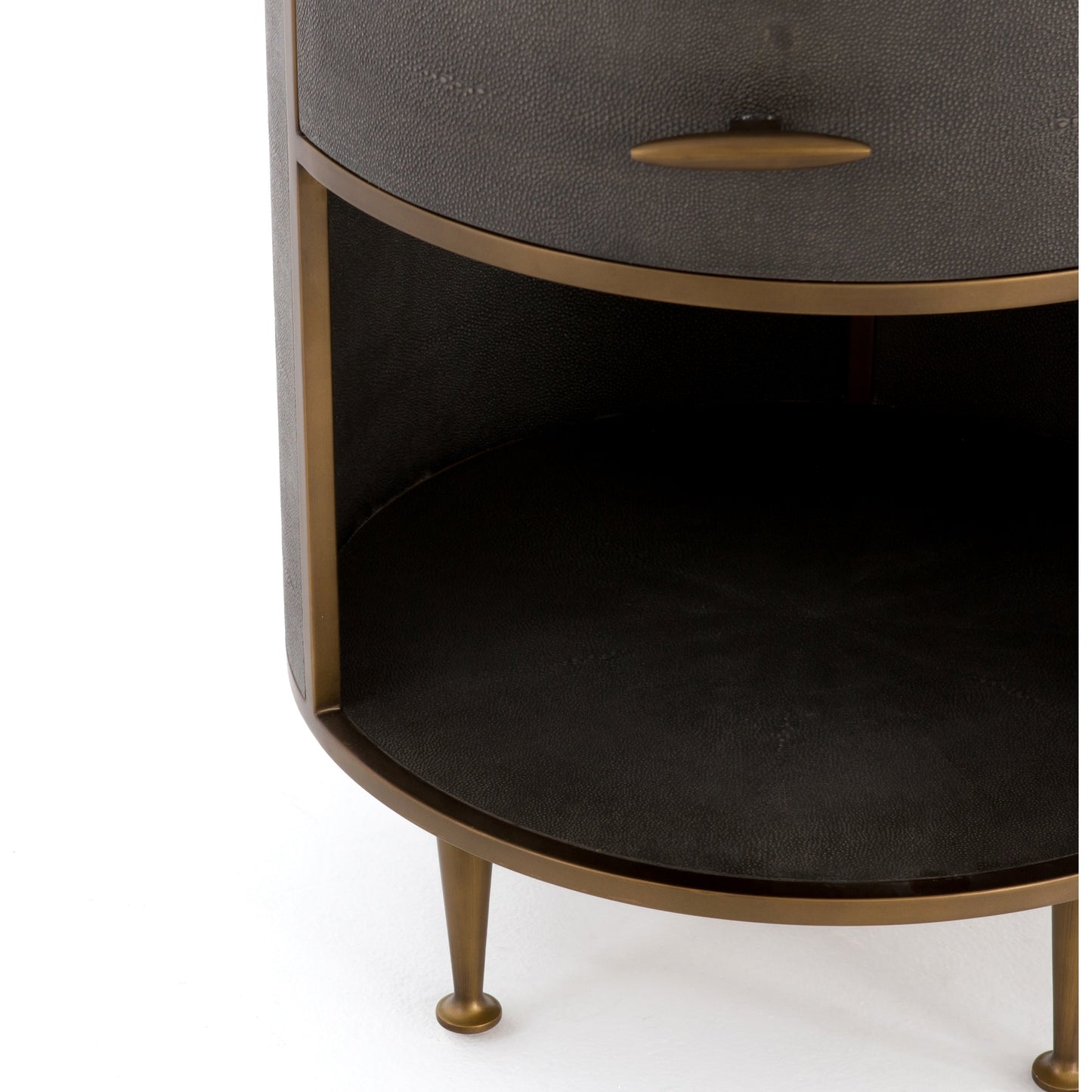006 SI-1798593 | Additional Silo | Shagreen Round Nightstand by Four Hands in grey shagreen, antique brass and grey. Made from faux shagreen, iron in a modern style.
