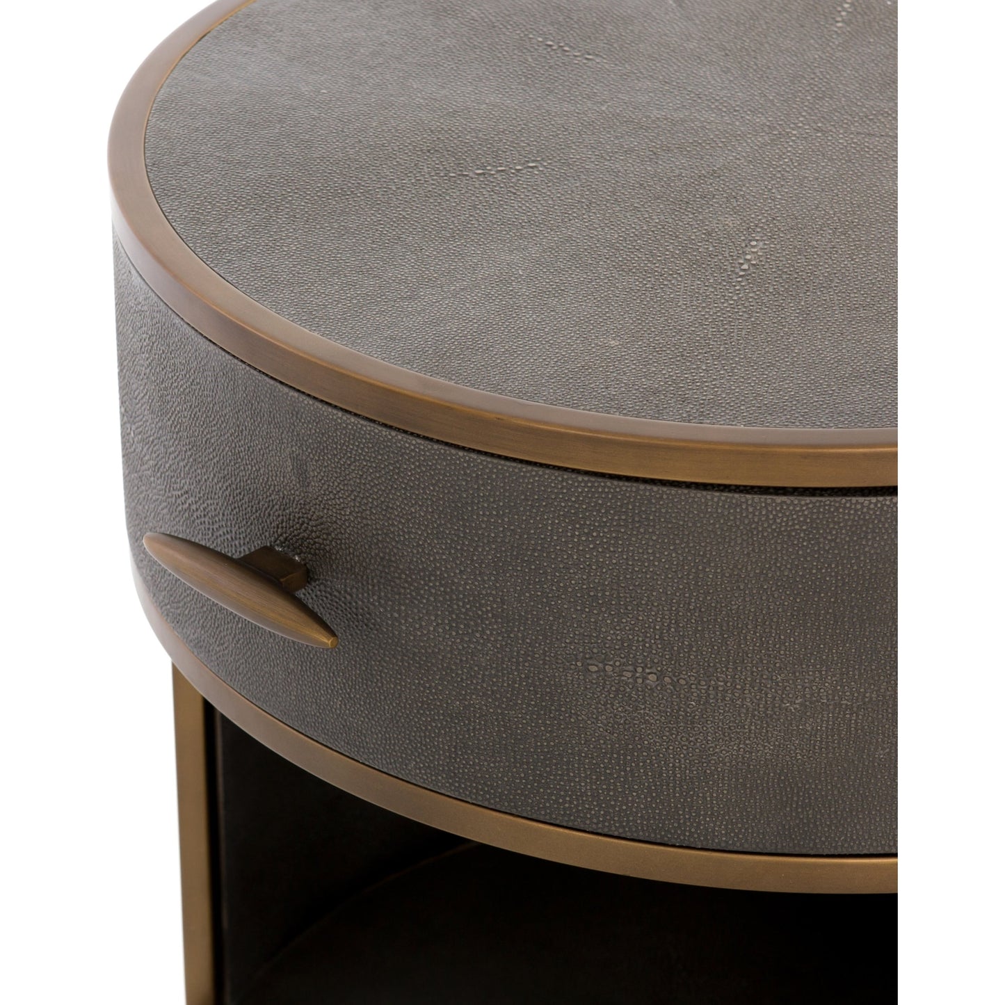 007 SI-1798593 | Additional Silo | Shagreen Round Nightstand by Four Hands in grey shagreen, antique brass and grey. Made from faux shagreen, iron in a modern style.