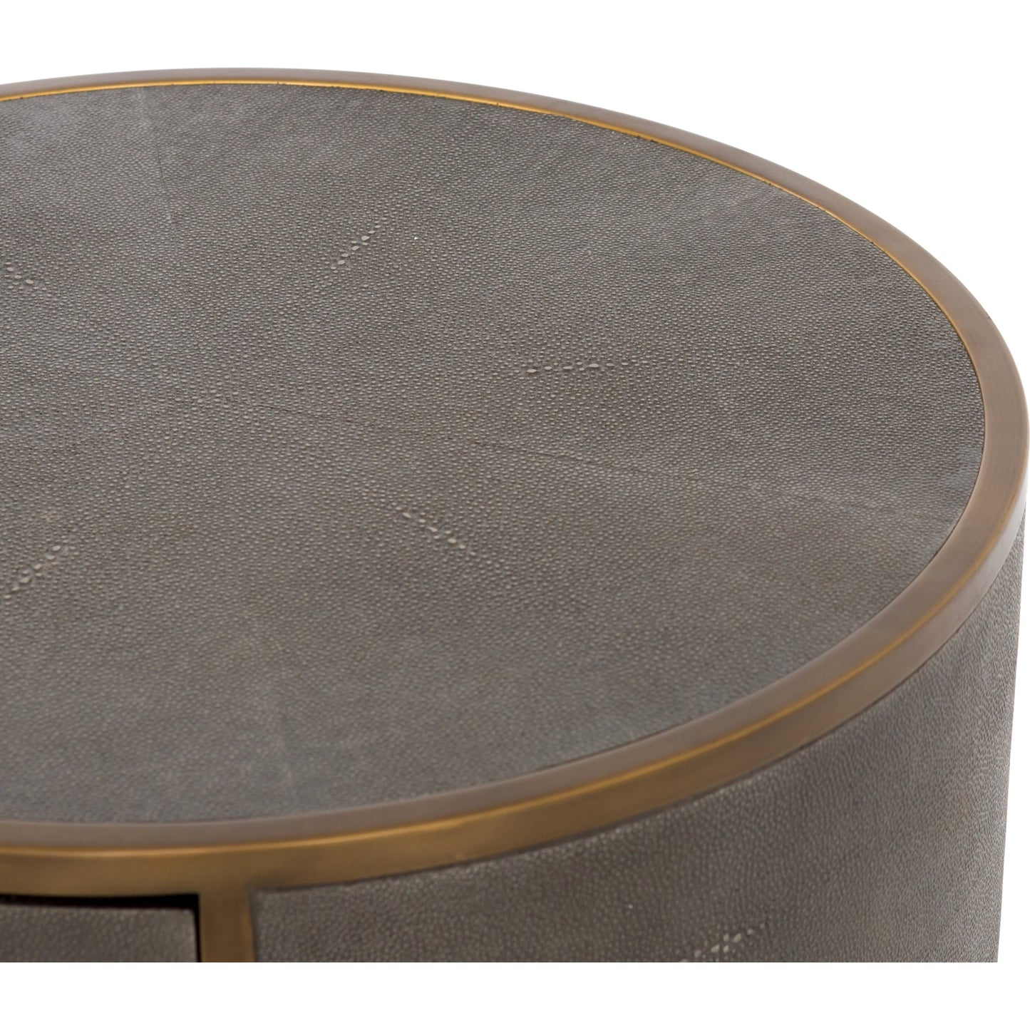 008 SI-1798593 | Additional Silo | Shagreen Round Nightstand by Four Hands in grey shagreen, antique brass and grey. Made from faux shagreen, iron in a modern style.
