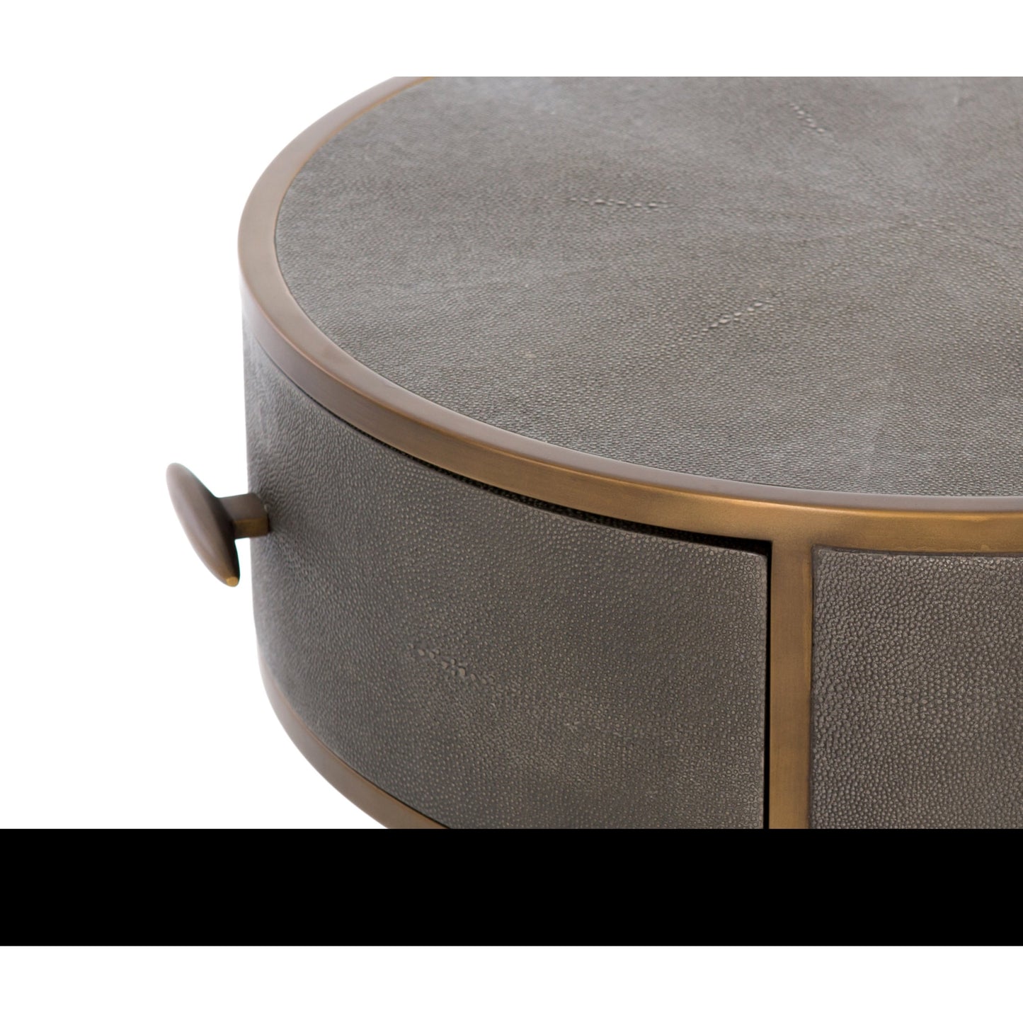 009 SI-1798593 | Additional Silo | Shagreen Round Nightstand by Four Hands in grey shagreen, antique brass and grey. Made from faux shagreen, iron in a modern style.