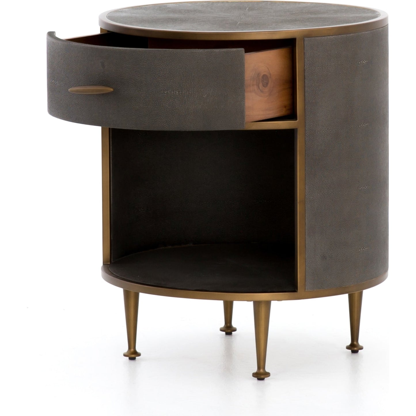 003 SI-1798593 | Additional Silo | Shagreen Round Nightstand by Four Hands in grey shagreen, antique brass and grey. Made from faux shagreen, iron in a modern style.