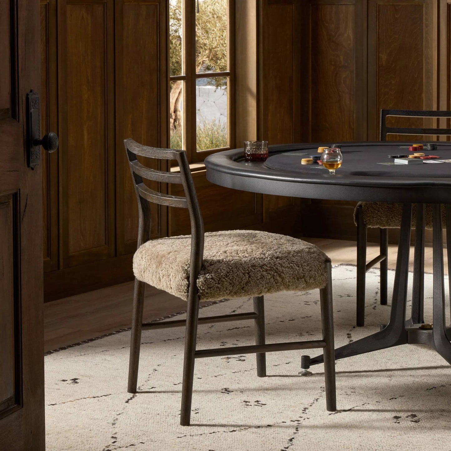 014 SI-2519180 | Lifestyle | Glenmore Dining Chair by Four Hands in taupe shearling, light carbon. Made from shearling, solid oak in a eclectic & global style.