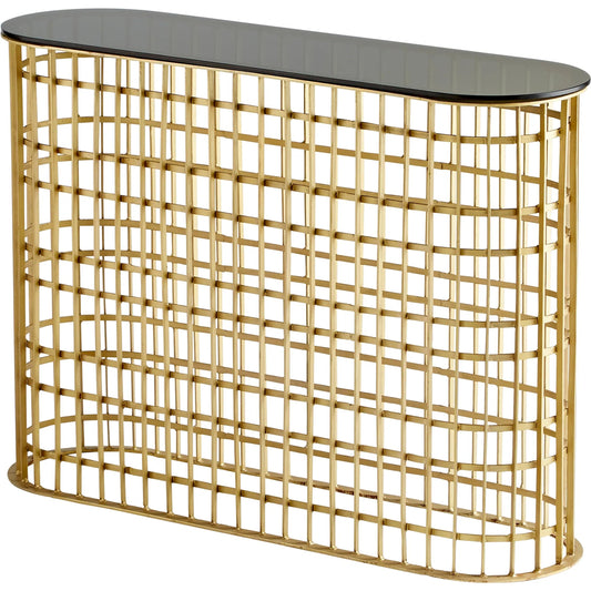 Kingdom Console Table by Cyan Design in antique brass. Made from iron, glass in a modern style.