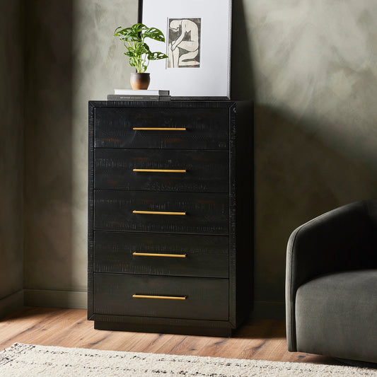 Suki Tall Boy by Four Hands in burnished black. Made from resawn mixed wood, mixed wood solid in a modern style.