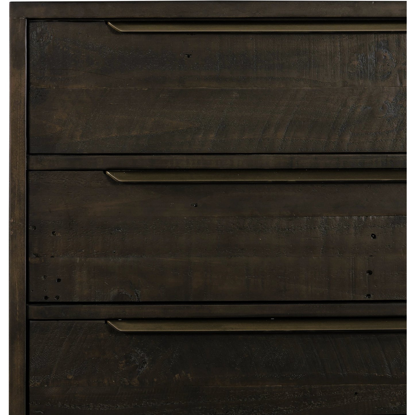 004 SI-2158598 | Closeup | Wyeth 5 Drawer Dresser by Four Hands in dark carbon, antique brass and dark carbon. Made from solid reclaimed pine, iron in a rustic style.