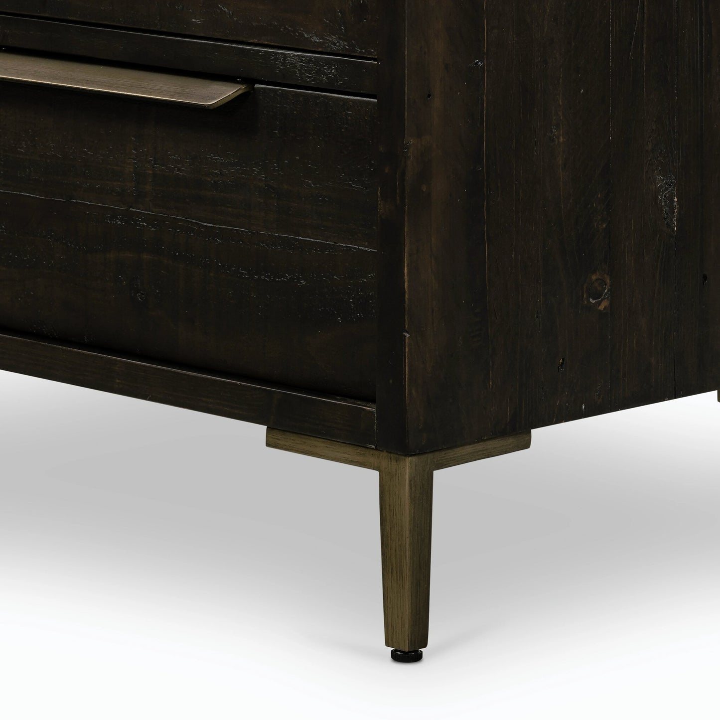 005 SI-2158598 | Closeup | Wyeth 5 Drawer Dresser by Four Hands in dark carbon, antique brass and dark carbon. Made from solid reclaimed pine, iron in a rustic style.