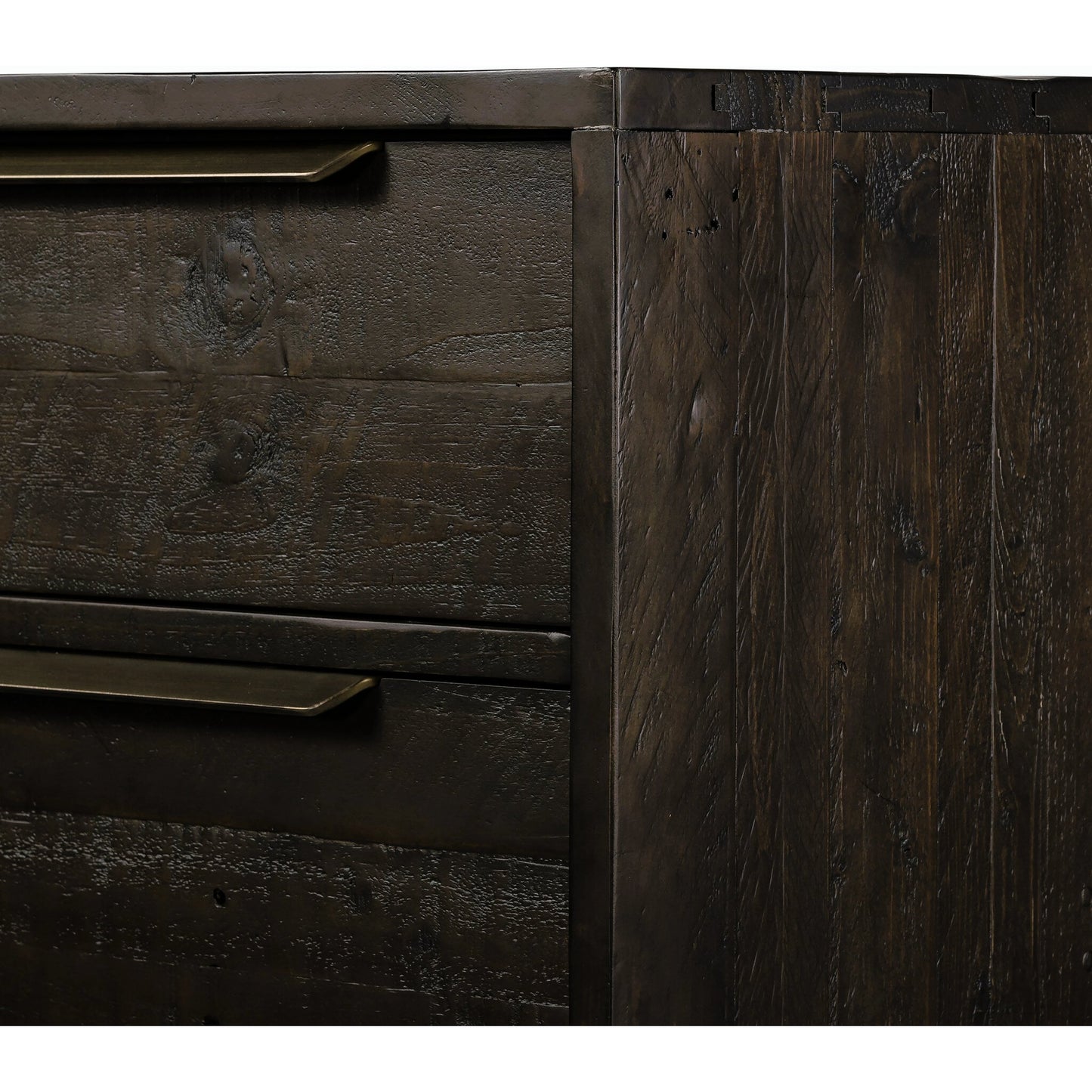 007 SI-2158598 | Closeup | Wyeth 5 Drawer Dresser by Four Hands in dark carbon, antique brass and dark carbon. Made from solid reclaimed pine, iron in a rustic style.
