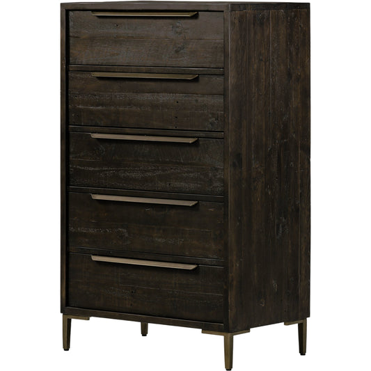 025 SI-2158598 | Primary Silo | Wyeth 5 Drawer Dresser by Four Hands in dark carbon, antique brass and dark carbon. Made from solid reclaimed pine, iron in a rustic style.