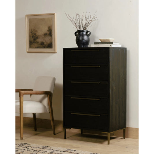 Wyeth 5 Drawer Dresser by Four Hands in dark carbon, antique brass and dark carbon. Made from solid reclaimed pine, iron in a rustic style.