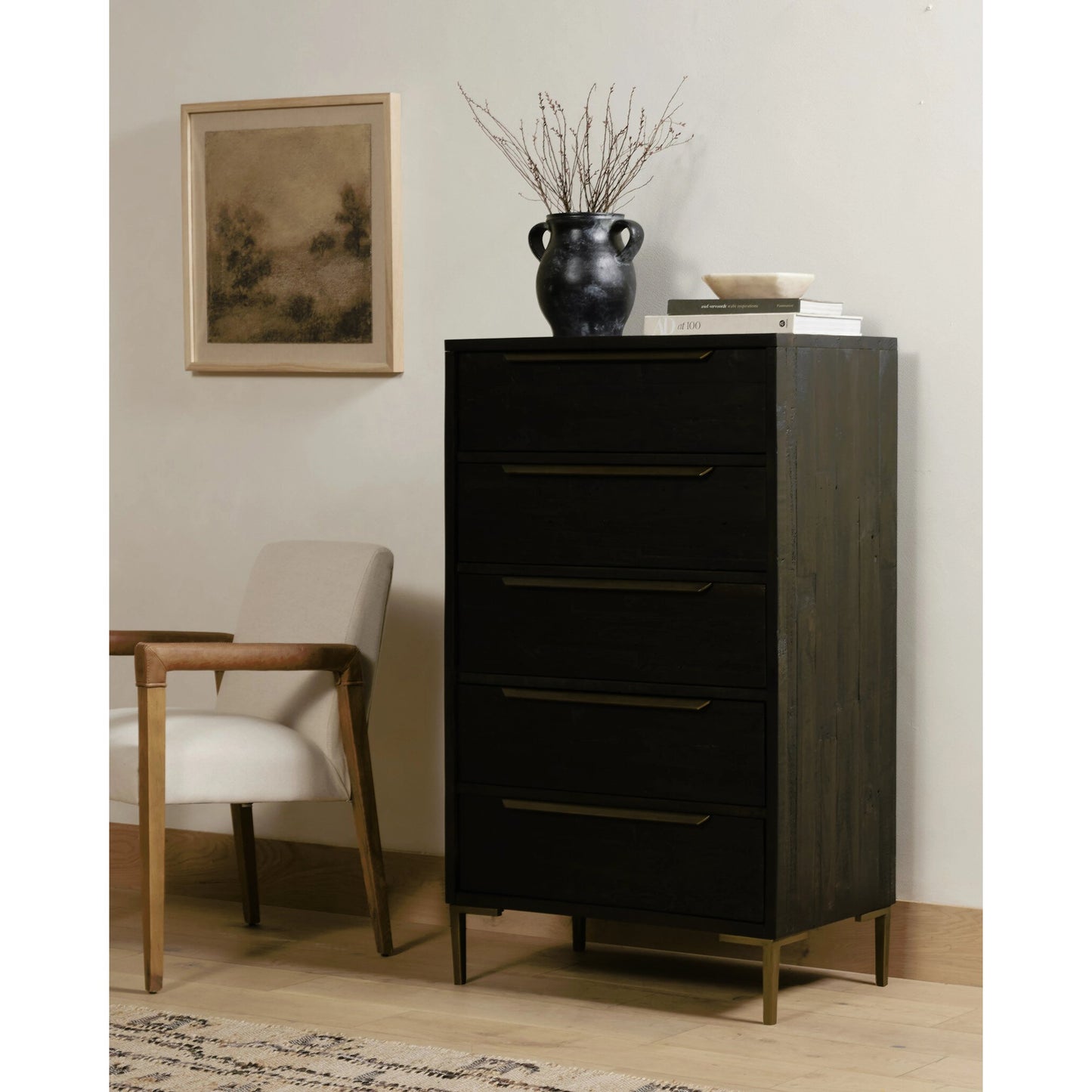 010 SI-2158598 | Lifestyle | Wyeth 5 Drawer Dresser by Four Hands in dark carbon, antique brass and dark carbon. Made from solid reclaimed pine, iron in a rustic style.