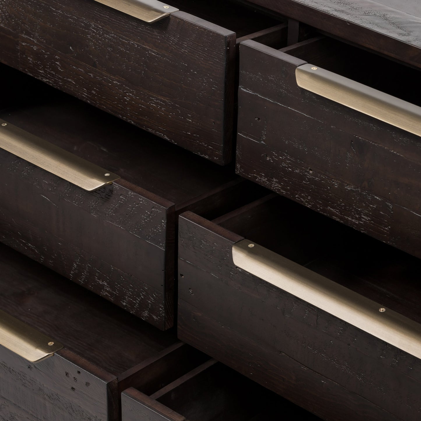 006 SI-1717257 | Additional Silo | Wyeth 6 Drawer Dresser by Four Hands in dark carbon, antique brass and dark carbon. Made from solid reclaimed pine, iron in a rustic style.