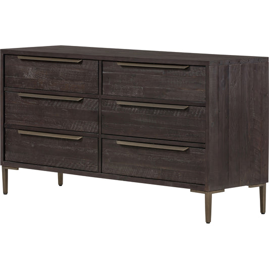 Wyeth 6 Drawer Dresser by Four Hands in dark carbon, antique brass and dark carbon. Made from solid reclaimed pine, iron in a rustic style.