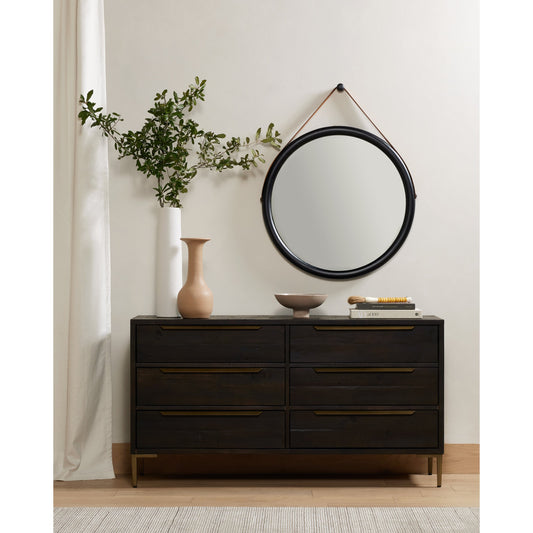 Wyeth 6 Drawer Dresser by Four Hands in dark carbon, antique brass and dark carbon. Made from solid reclaimed pine, iron in a rustic style.