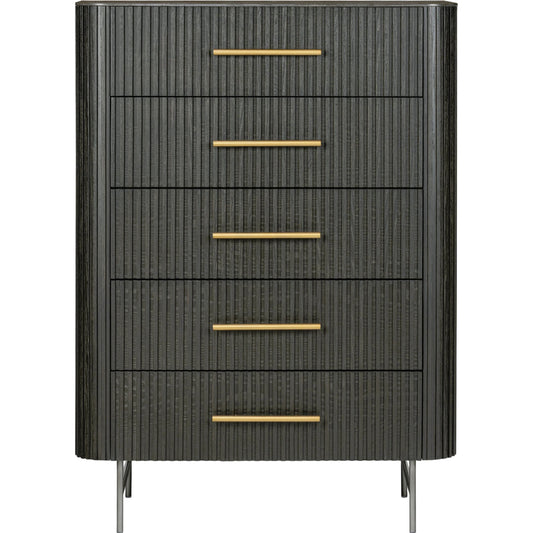 Fletcher 5 Drawer Dresser by Four Hands in distressed black oak. Made from bluestone, solid oak, iron in a modern style.