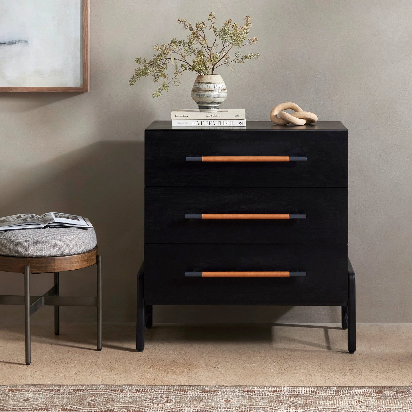 025 SI-1977747 | Lifestyle | Rosedale 3 Drawer Dresser by Four Hands. Made from oak veneer, top grain leather in a modern style.