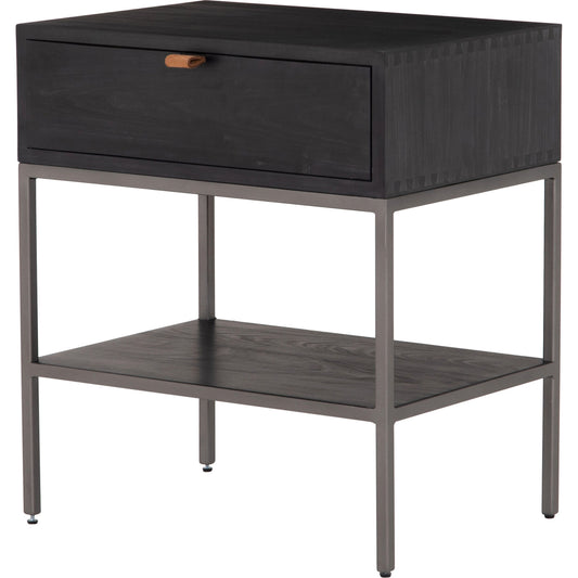 Trey Nightstand by Four Hands. Made from solid poplar, top grain leather, iron in a modern style.