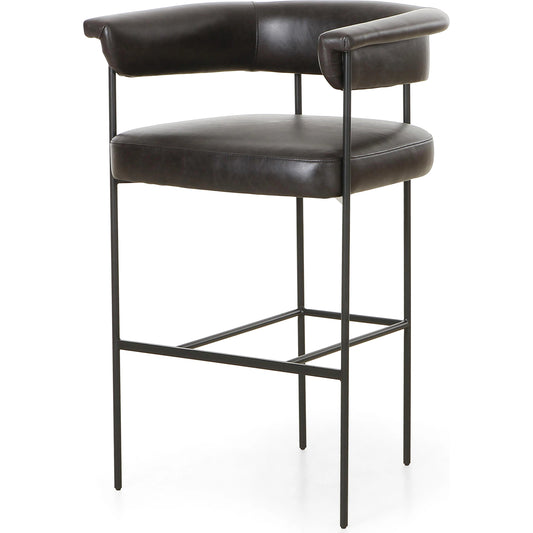 Carrie Bar Stool by Four Hands in matte black. Made from top grain leather, iron, 100% polyester in a transitional style.