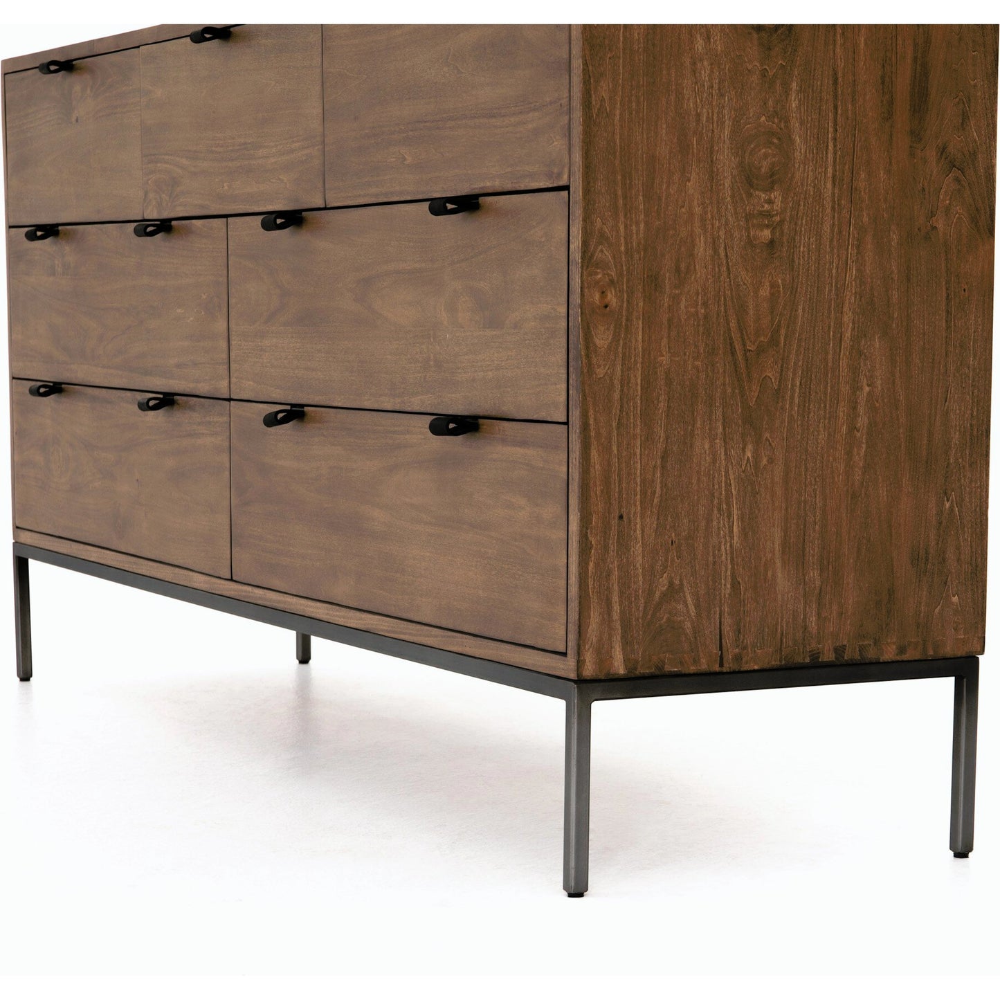 013 SI-2137666 | Closeup | Trey 7 Drawer Dresser by Four Hands. Made from solid poplar, top grain leather in a rustic style.