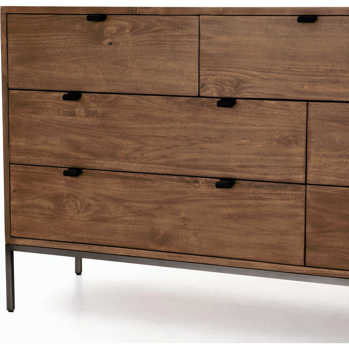017 SI-2137666 | Closeup | Trey 7 Drawer Dresser by Four Hands. Made from solid poplar, top grain leather in a rustic style.