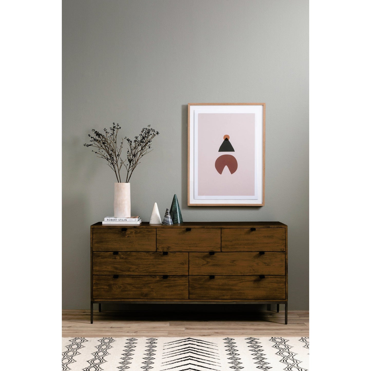 033 SI-2137666 | Lifestyle | Trey 7 Drawer Dresser by Four Hands. Made from solid poplar, top grain leather in a rustic style.