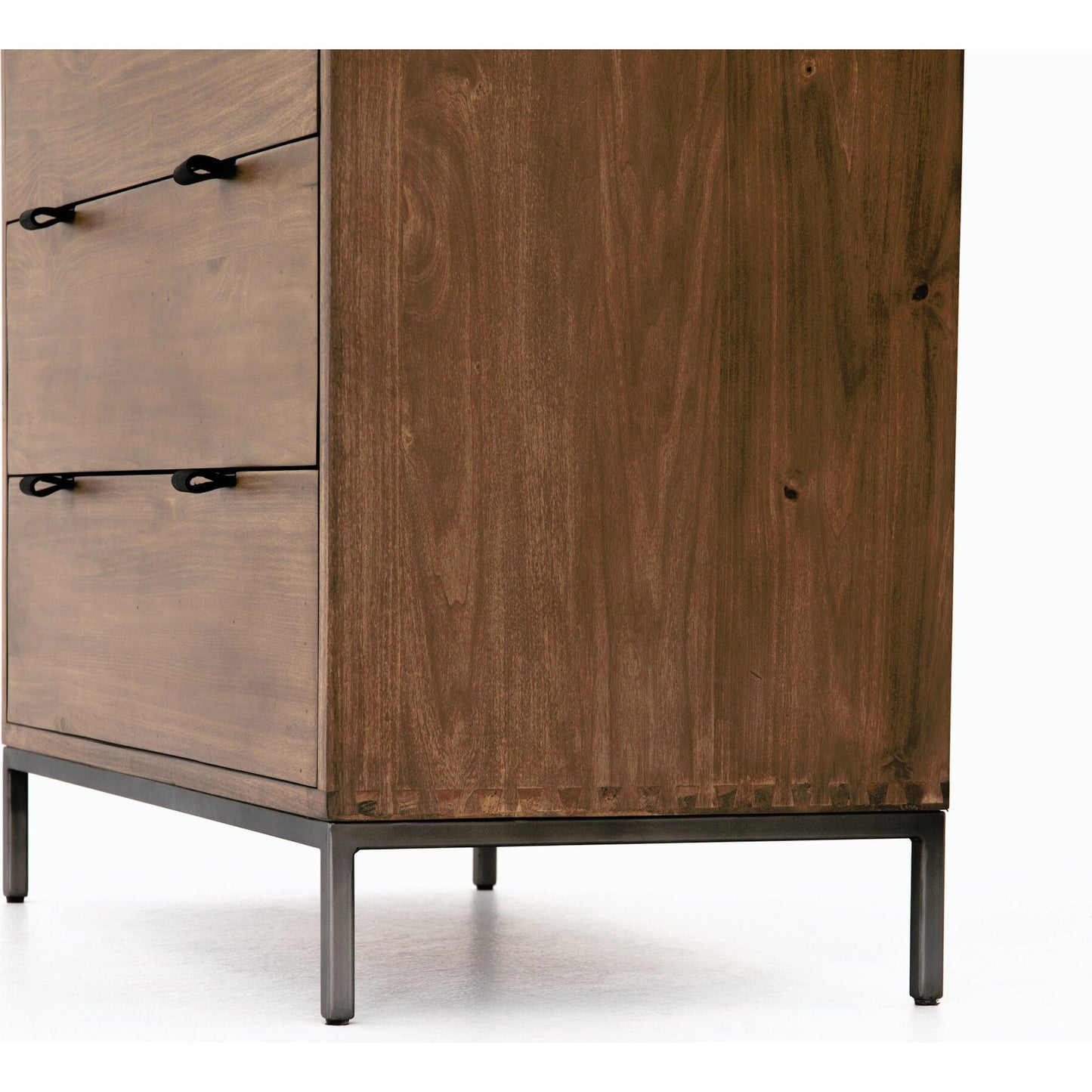 013 SI-2137664 | Closeup | Trey 5 Drawer Dresser by Four Hands. Made from solid poplar, top grain leather, iron in a rustic style.