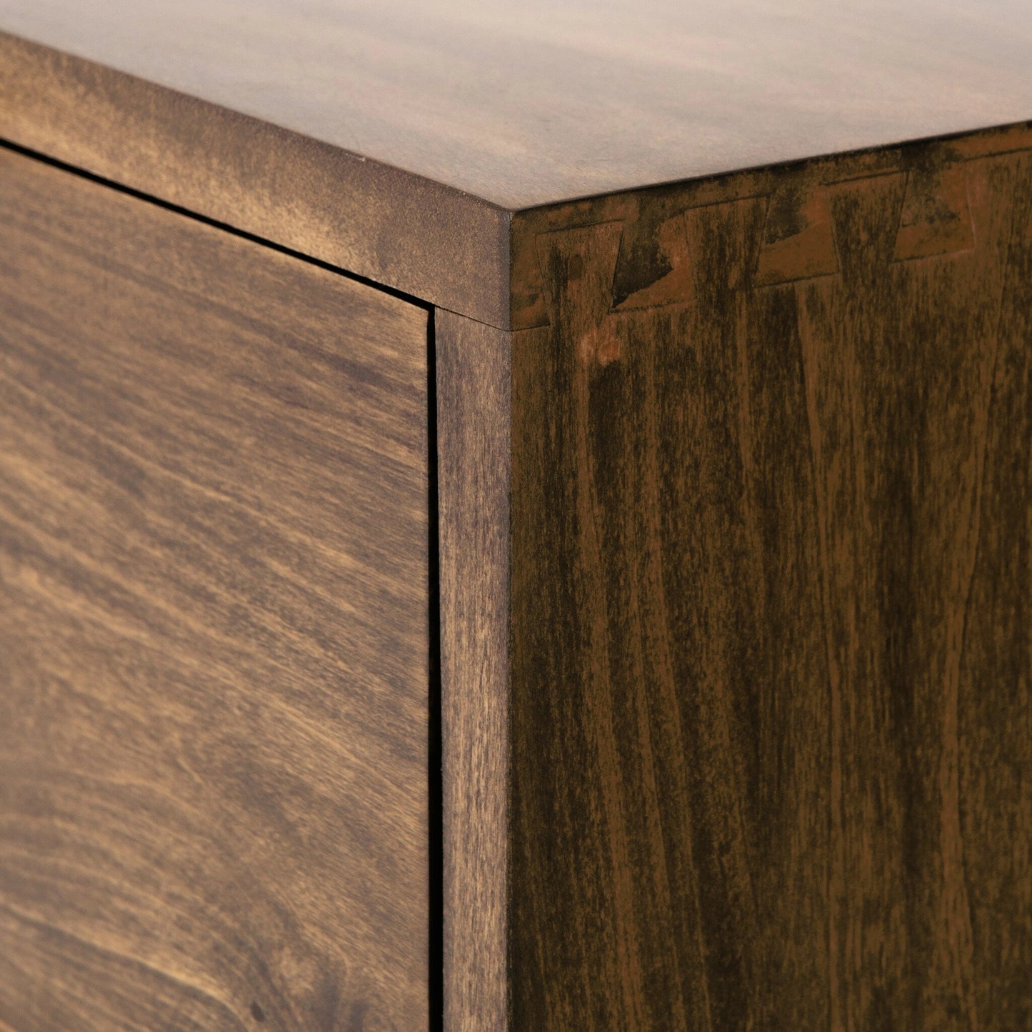 014 SI-2137664 | Closeup | Trey 5 Drawer Dresser by Four Hands. Made from solid poplar, top grain leather, iron in a rustic style.