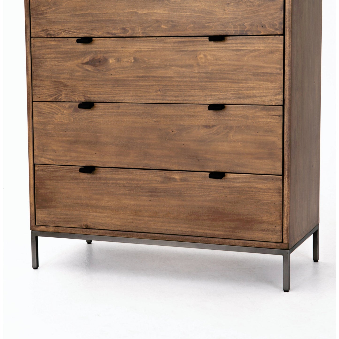 017 SI-2137664 | Closeup | Trey 5 Drawer Dresser by Four Hands. Made from solid poplar, top grain leather, iron in a rustic style.