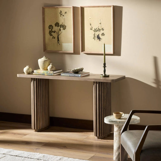 Rutherford Console Table by Four Hands in reclaimed ashen brown. Made from solid mixed reclaimed wood in a eclectic & global style.