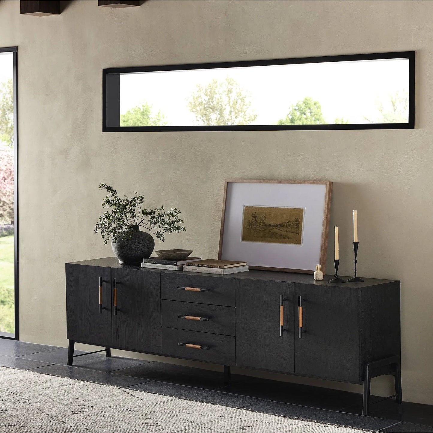 025 SI-2320232 | Lifestyle | Rosedale Media Console by Four Hands. Made from top grain leather, oak veneer, solid oak in a transitional style.