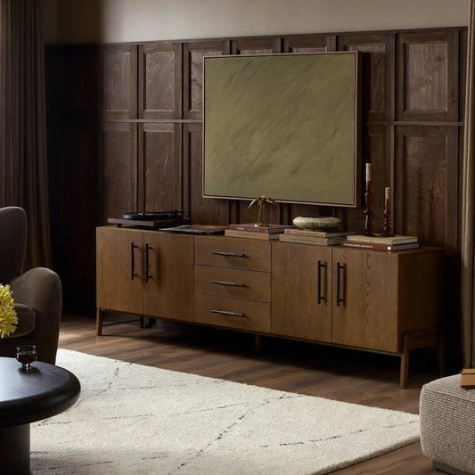 Rosedale Media Console by Four Hands. Made from top grain leather, oak veneer, solid oak in a transitional style.